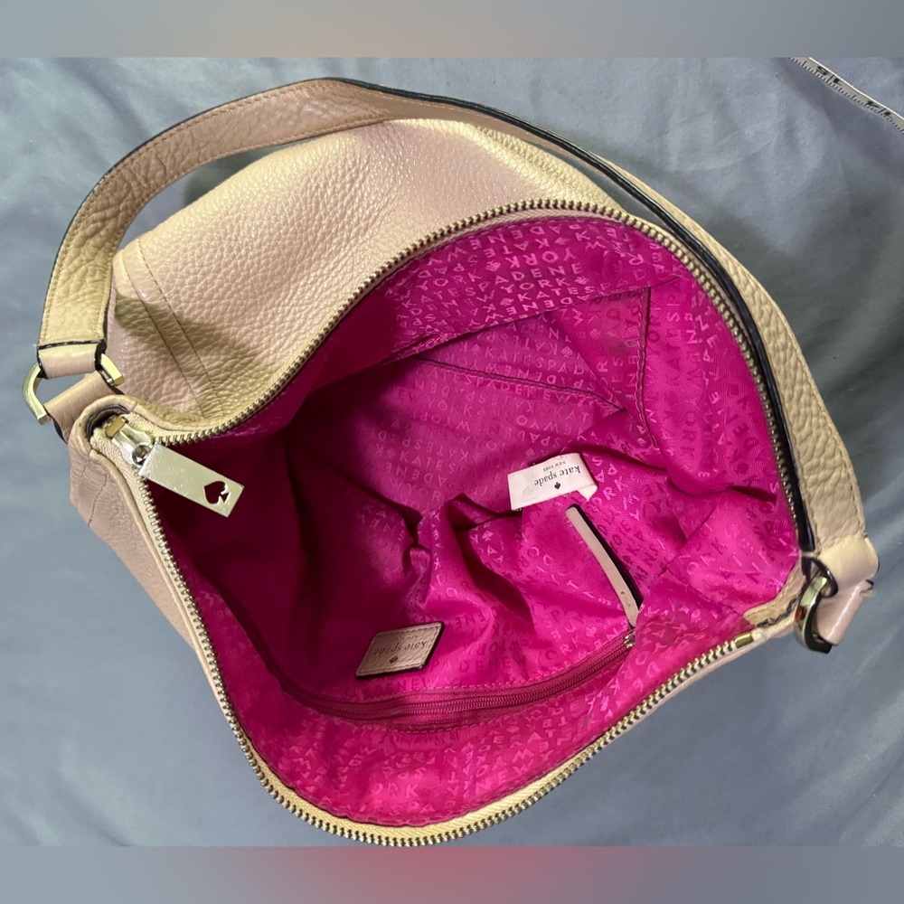 Kate Spade New York Beige Leather Pink Lined Zip Shoulder Tote Purse 15x11x4 - Picture 11 of 12